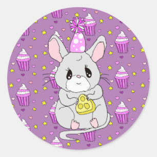 Sticker Rond Petite souris d'anniversaire mignonne pourpre