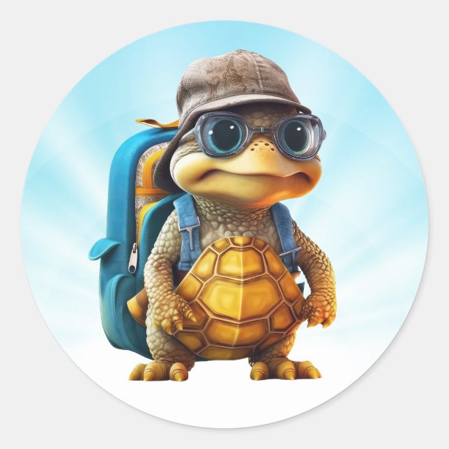 Sticker Rond Petite Tortue Aventurée avec sac à dos, (Devant)