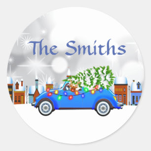 Sticker Rond Petite voiture bleue et arbre Noël personnalisé