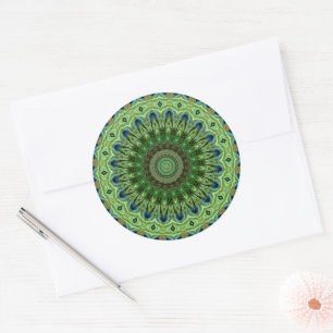 Sticker Rond Pétoncle en plumes Mandala Emerald et symétrie ble