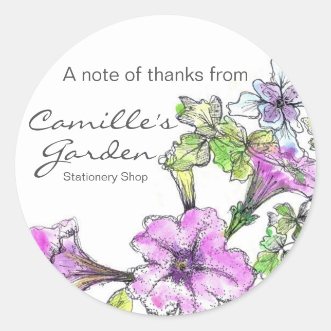 Sticker Rond Pétunias violet Aquarelle Fleurs Merci (Devant)