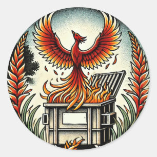 Sticker Rond Phénix renaissant des cendres du feu de la poubell