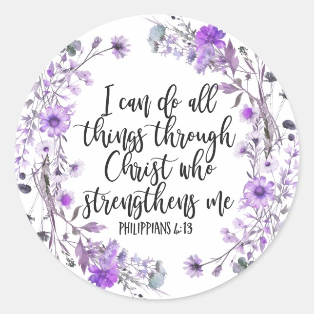 Sticker Rond Philippiens 4:13 Bible Écriture Purple Lavande (Devant)