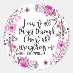 Sticker Rond Philippiens 4:13 Écriture biblique rose et violet