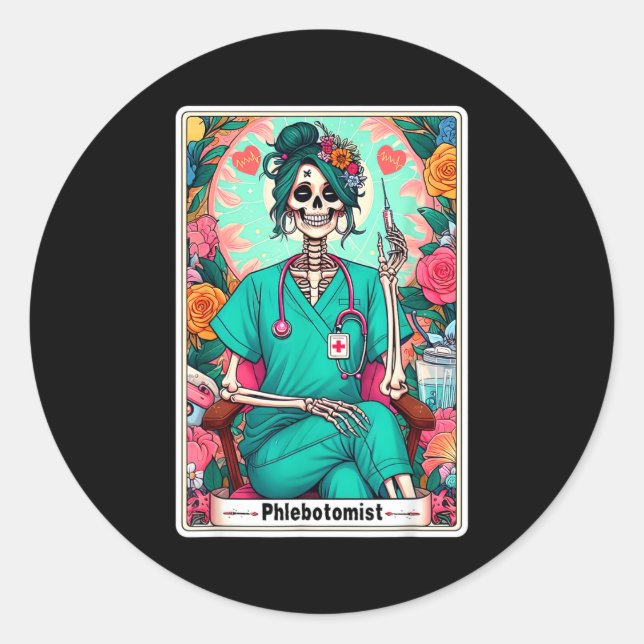 Sticker Rond Phlebotomist Tarot Card Skeleton Phlebotomy Tech P (Devant)