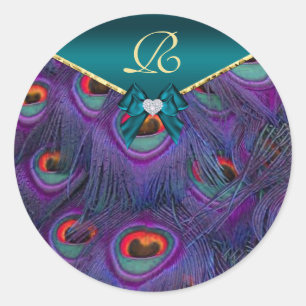 Sticker Rond Phoque cadeau Mariage Plum turquoise Peacock