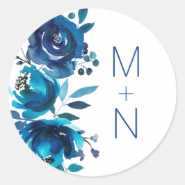 Sticker Rond Phoque de l'enveloppe mariage Indigo Blue Floral