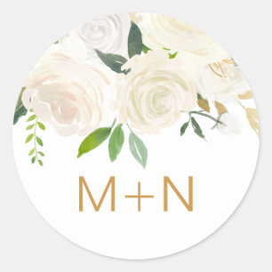 Sticker Rond Phoque d'enveloppe de mariage floral blanc