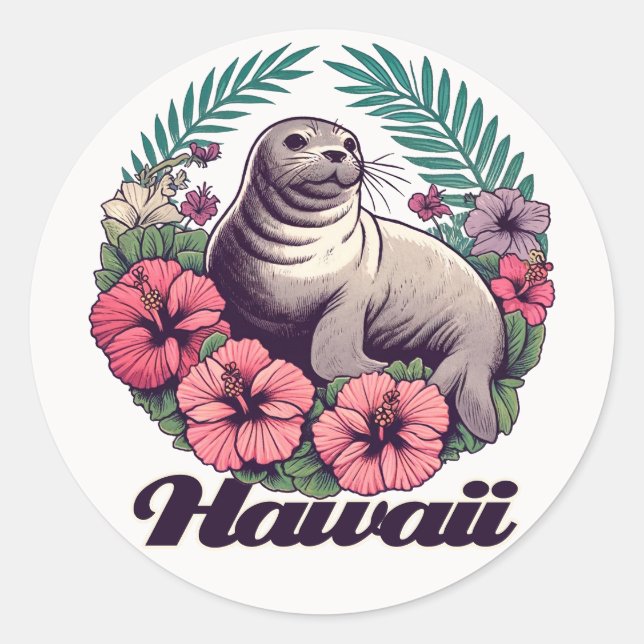 Sticker Rond Phoque hawaïen Hawaii Retro Monk Seal Hawaï (Devant)