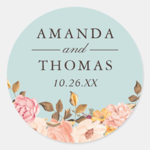 Sticker Rond Phoque Mariage Aqua Blue Blush Floral