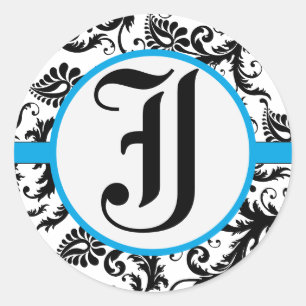 Sticker Rond Phoque Mariage Damask noir Aquamarine Trim