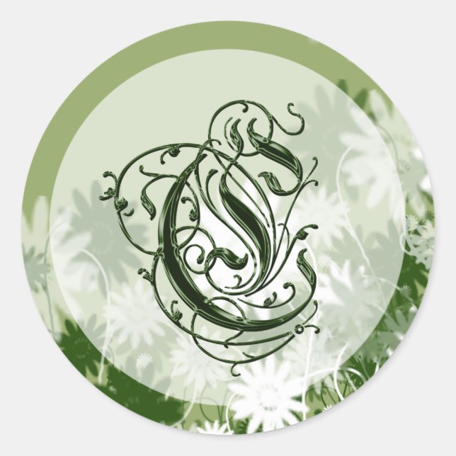 Sticker Rond Phoque Mariage de fleurs vertes Monogramme C (Devant)