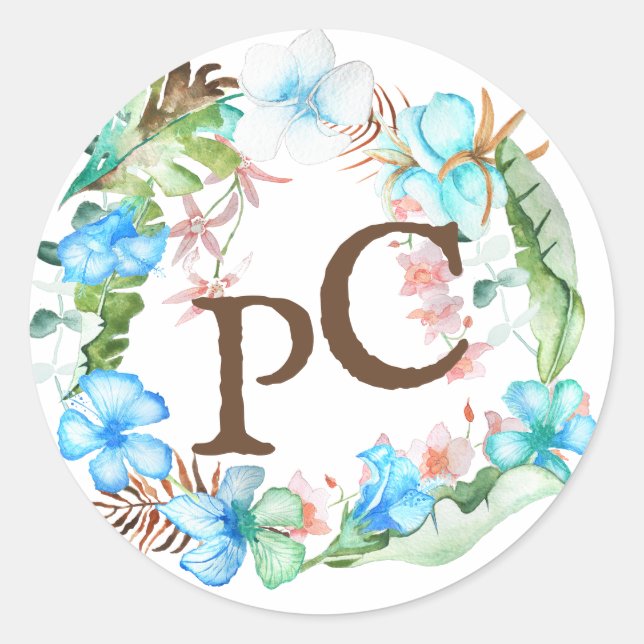 Sticker Rond Phoque Mariage Monnogramme bleu Tropical (Devant)