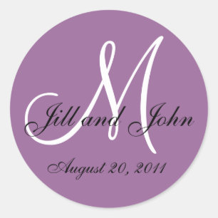 Sticker Rond Phoques d'enveloppe Mariage violet blanc Monogramm