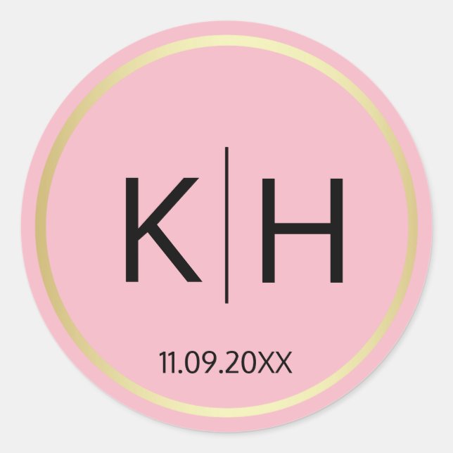 Sticker Rond Phoques Monogrammes Mariage en or à tendance Blush (Devant)