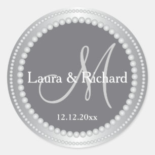 Sticker Rond Phoques Monogrammes Mariages personnalisés gris ar