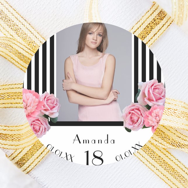 Sticker Rond Photo 18e anniversaire noir rayures blanches flora (Créateur téléchargé)