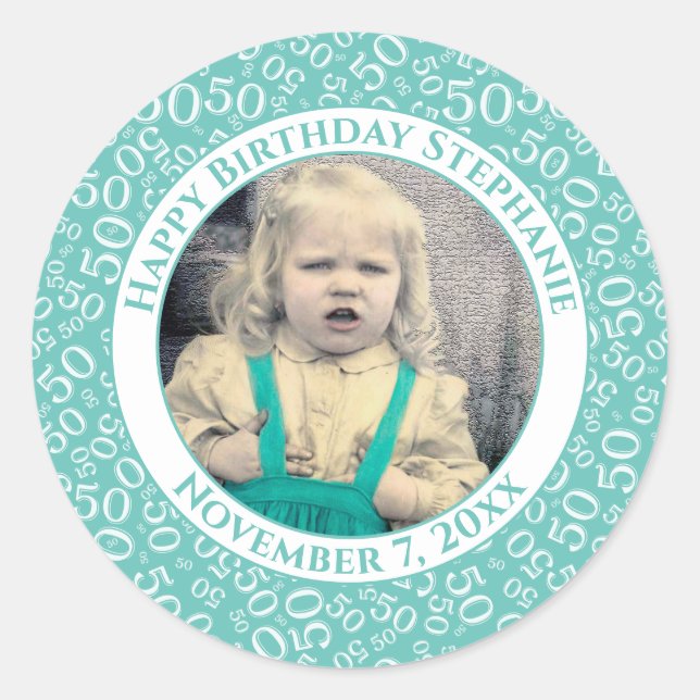 Sticker Rond Photo 50th Party nombre aléatoire Motif Turquoise (Devant)