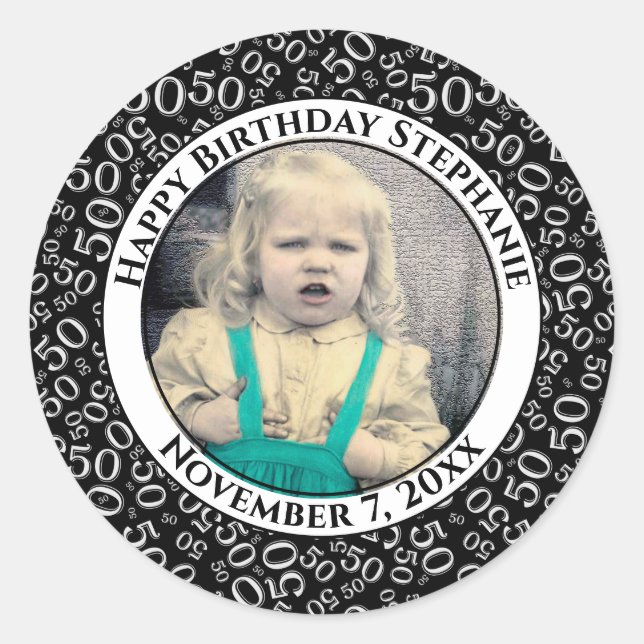Sticker Rond Photo 50th Party Random Number Motif Black (Devant)