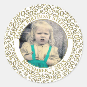 Sticker Rond Photo 50th Party Random Number Motif Gold