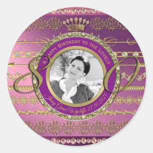 Sticker Rond Photo 80th Birthday Gold Crown Diamonds Frame
