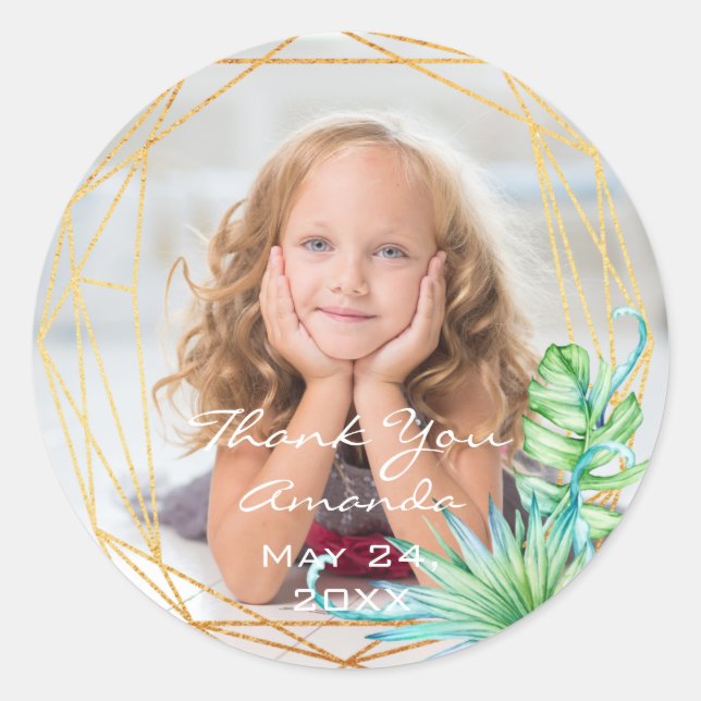 Sticker Rond Photo Anniversaire Tropical Gold Bridal Merci (Devant)