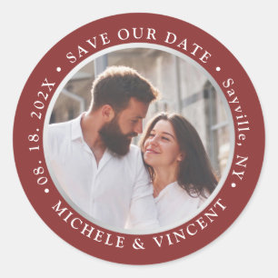 Sticker Rond Photo Argent Rouge Moderne Enregistrer La Date