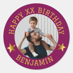 Sticker Rond Photo d'anniversaire et nom d'âge or personnalisé