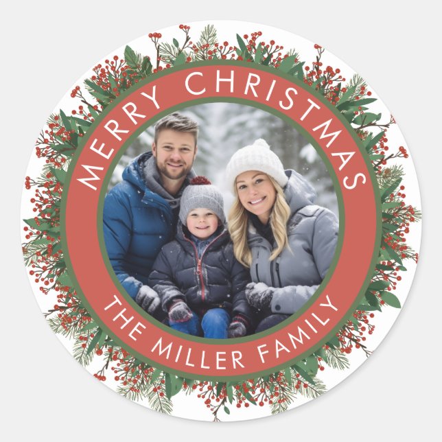 Sticker Rond Photo de famille Courbe de Noël Rouge Vert Moderne (Devant)