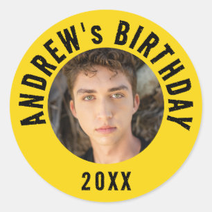 Sticker Rond Photo de fête d'anniversaire jaune coloré tendance
