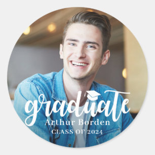 Sticker Rond Photo de Graduation de Script blanc moderne