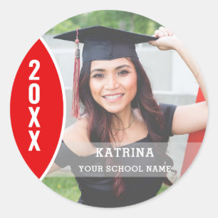 Sticker Rond Photo de graduation rouge et blanc personnalisée