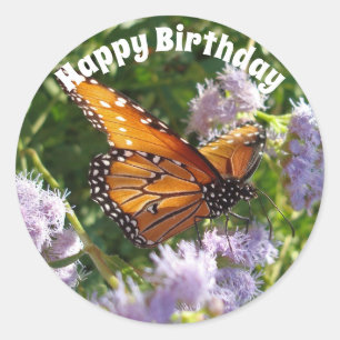 Sticker Rond Photo de joyeux anniversaire avec papillon monarqu