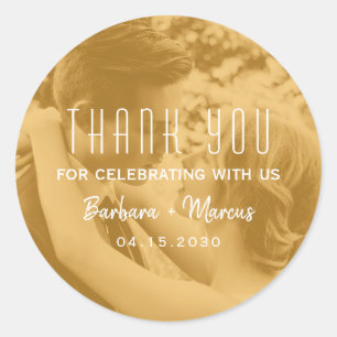 Sticker Rond Photo de mariage avec superposition orange Merci