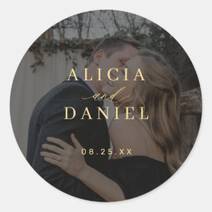 Sticker Rond Photo de mariage moderne élégant nom date mariés