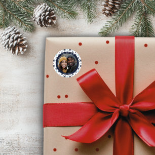 Sticker Rond Photo de Noël simple Blue and White Snowflake