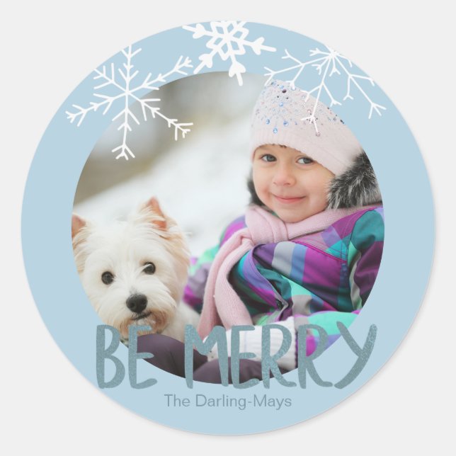 Sticker Rond Photo de vacances Soyez Joyeux Noël Blue Snowflake (Devant)