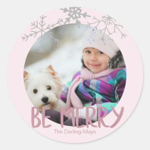 Sticker Rond Photo de vacances Soyez Joyeux Noël Pink Snowflake