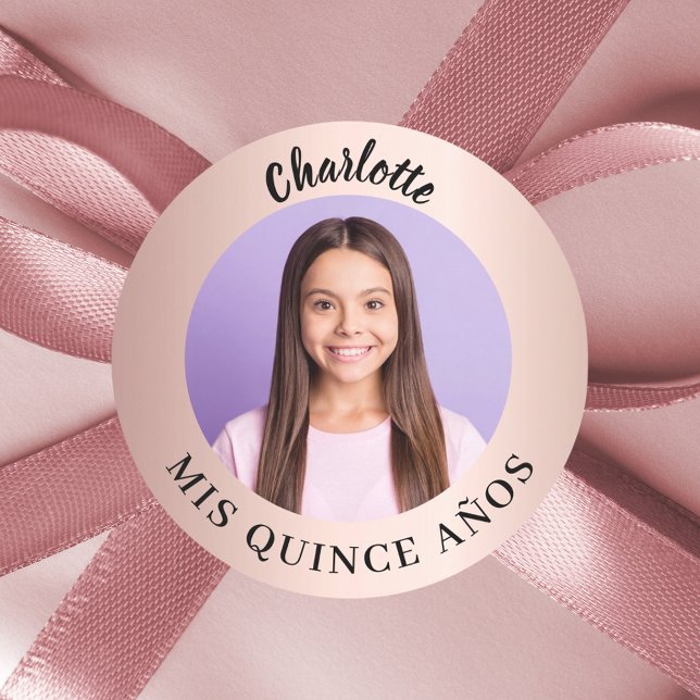 Sticker Rond Photo en or rose Quinceanera Mis Quince Años (Créateur téléchargé)