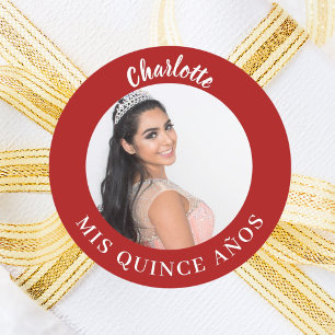Sticker Rond Photo en rouge Quinceanera Mis Quince Años
