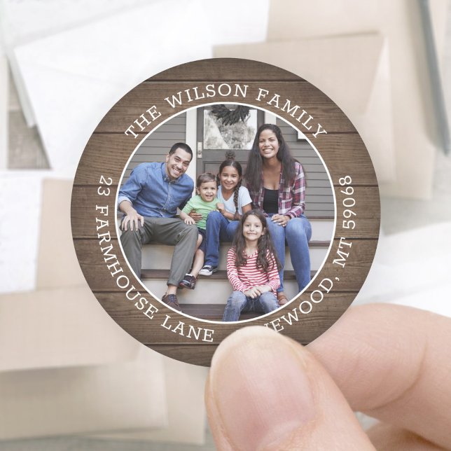 Sticker Rond Photo et Rustic Barn Wood Round Adresse de retour (Créateur téléchargé)