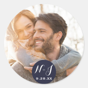 Sticker Rond Photo Image Cadeau de Mariage Moderne Bleu Marine
