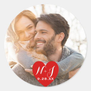 Sticker Rond Photo Image Cadeau de Mariage Moderne Cœur Rouge