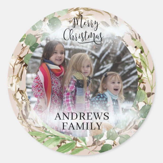 Sticker Rond Photo Joyeux Noël spécifique au client ! Wreath (Devant)