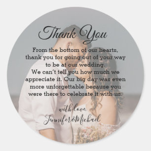Sticker Rond photo mariage design script classique merci