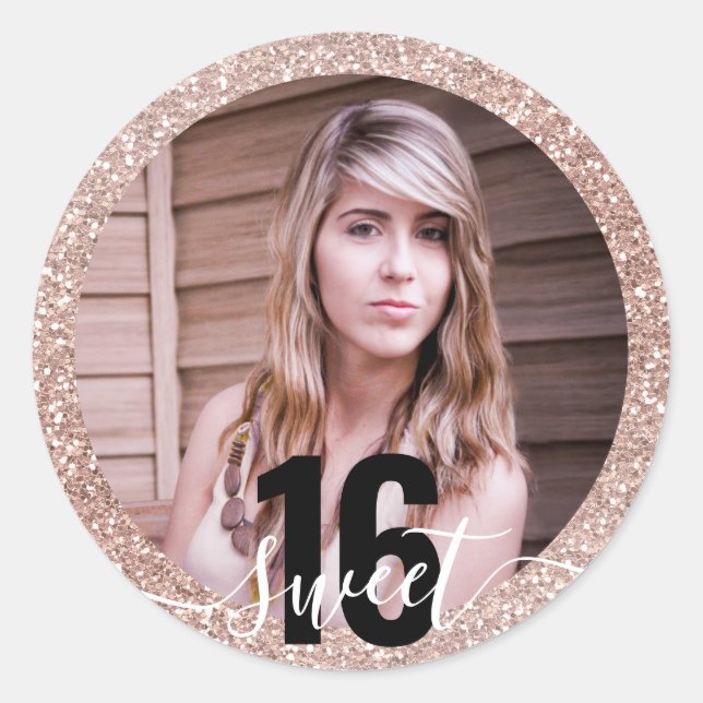 Sticker Rond Photo Parties scintillant rose Ombre Sweet 16e ann (Devant)