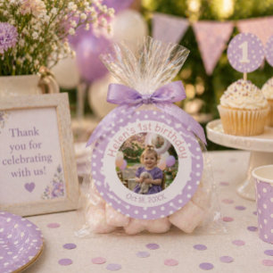 Sticker Rond Photo personnalisé avec pois violets pour 1er anni