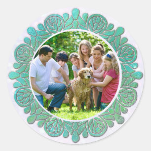 Sticker Rond Photo personnalisé de famille avec mandala turquoi