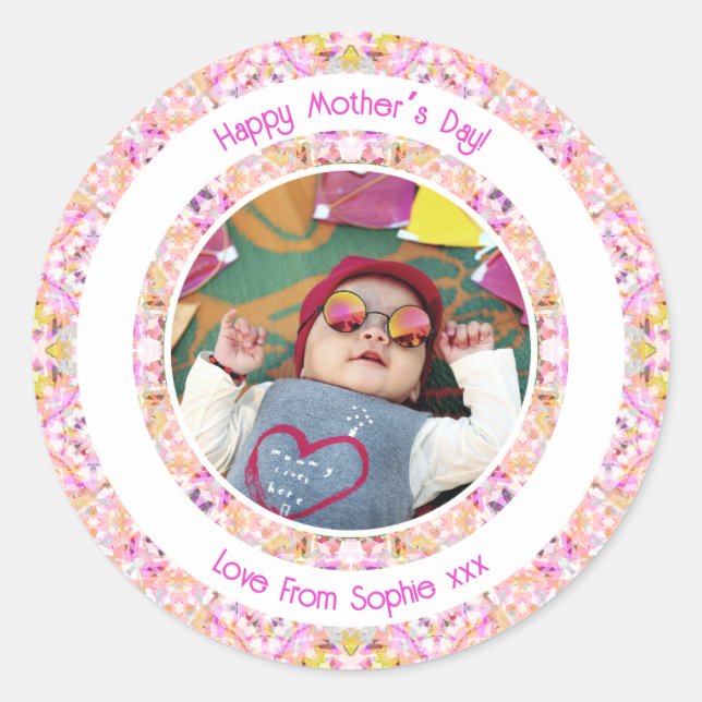 Sticker Rond Photo personnalisé Rose vibrant Bonne fête des mèr (Devant)