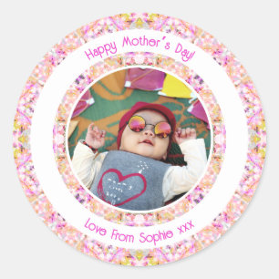 Sticker Rond Photo personnalisé Rose vibrant Vert joyeux Fête d